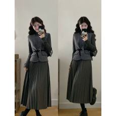 批发实拍~大码秋冬胖MM法式小香风气质马甲+长袖连衣裙时尚套装