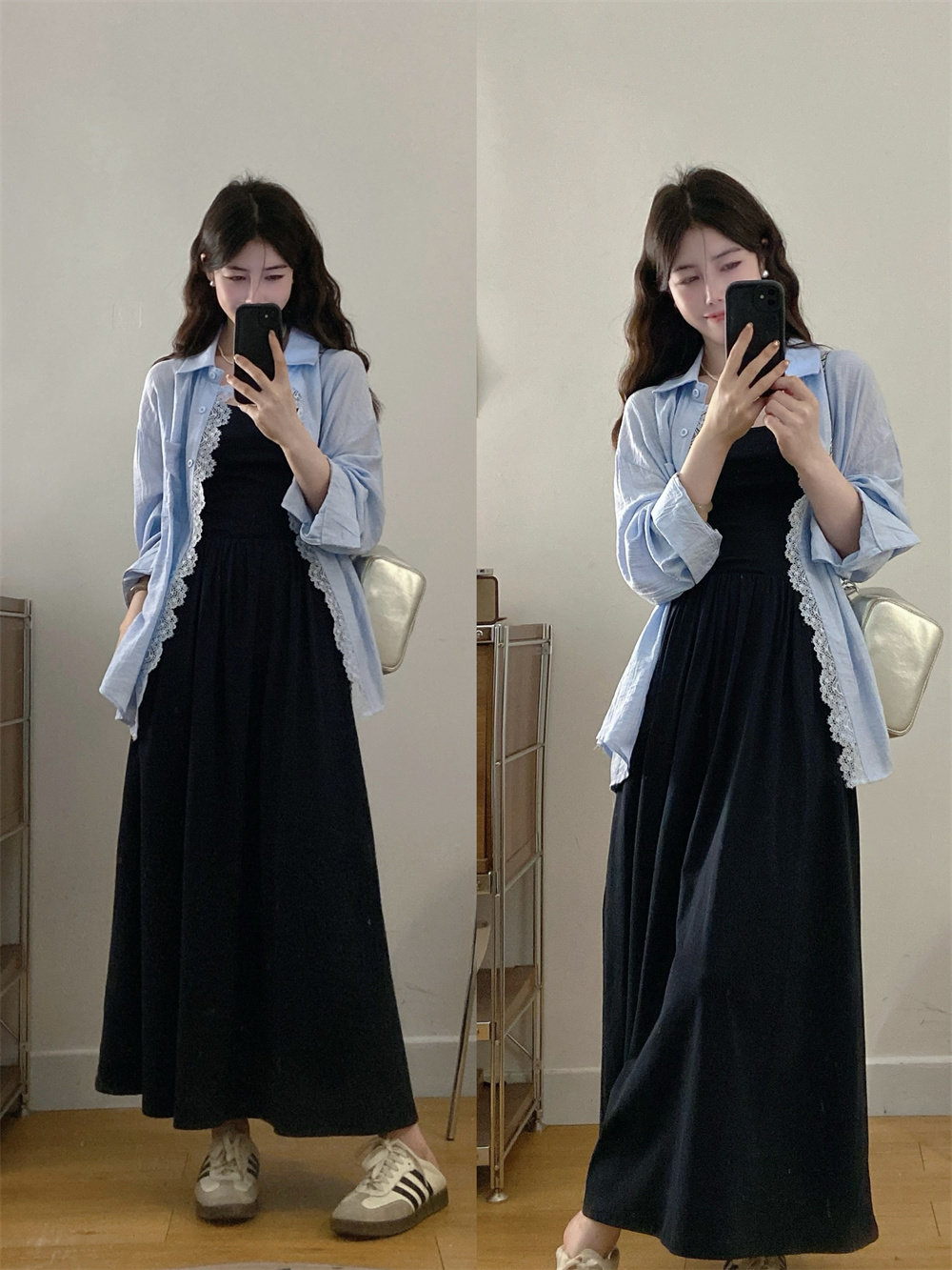 실사 빅 사이즈 레이스 레이스 루즈핏 슬림해 보이는 느긋한 품격 자외선 차단 셔츠 점프 슈트 치마 세트