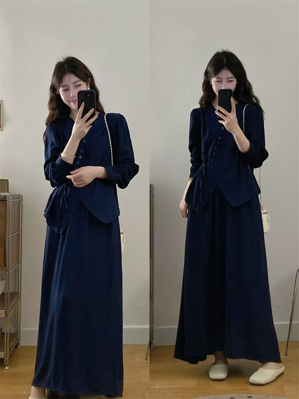 프랑스식 허리 수축 품격 세트 여성 2026 봄 빅 사이즈 지방 mm 레이스 업 셔츠 슬림해 보이는 반신 스커트 투피스 세트