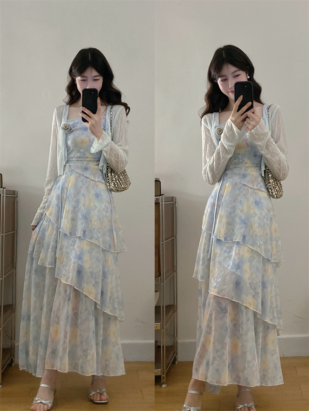 实拍~法式温柔风新款度假穿搭碎花连衣裙荷叶边吊带裙开衫两件套