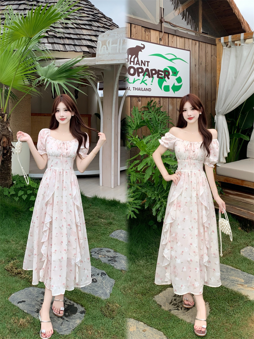 실사 빅 사이즈 지방 mm 프랑스식 자카드 광장 칼라 프릴 쉬폰 여성 드레스 여름 품격 슬림해 보이는 연령 감소 롱 스커트