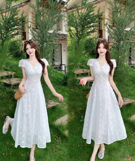 실사 송 긍정적 인 En 프랑스식 부드러운 바람 쌀 화이트 V넥 여성 드레스 여름 한 부서 허리 수축 고유 한 드레스