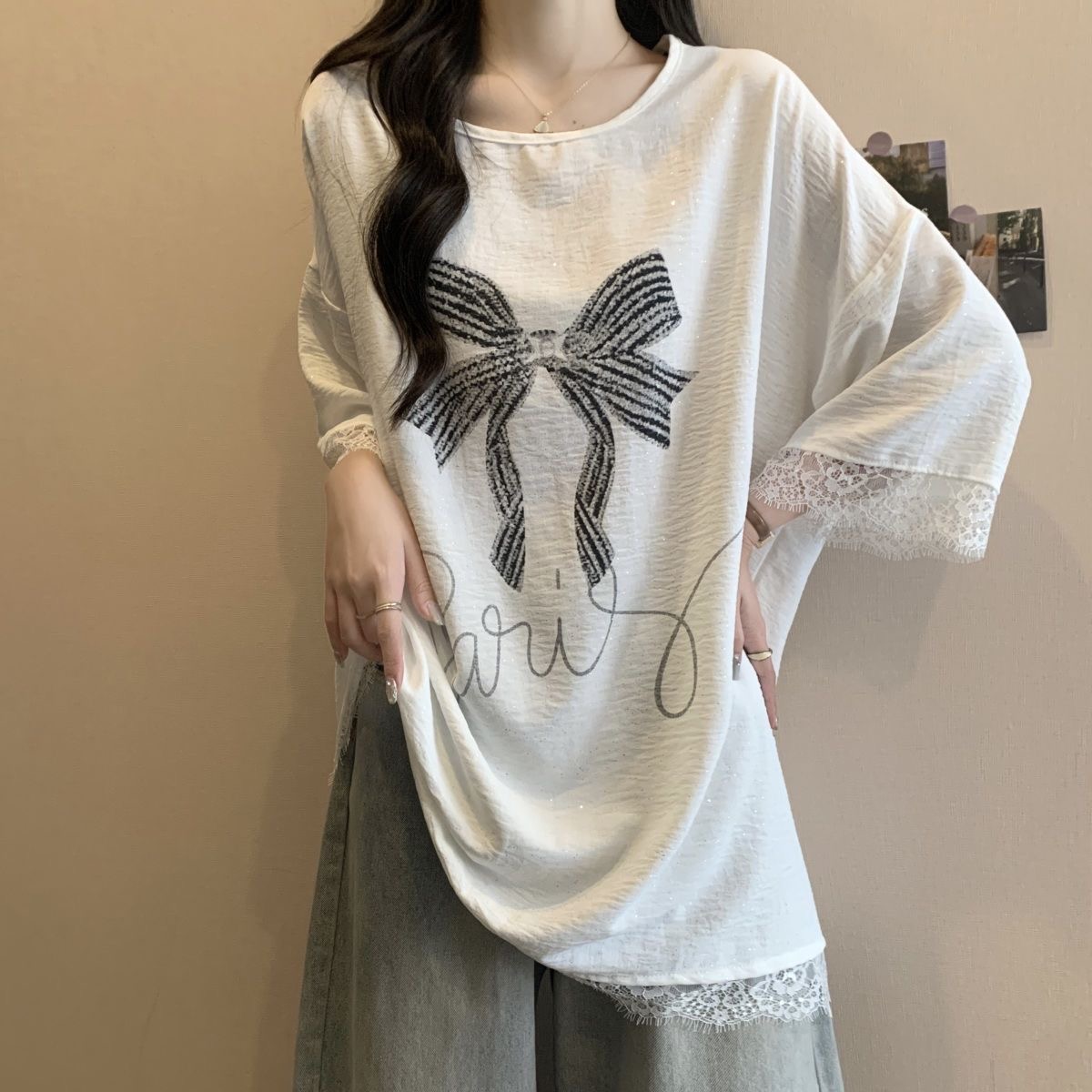 FA35898# 大码起皱冰丝蝴蝶刺绣满天星短袖t恤女夏季新款宽松显瘦上衣女ins 服裝批發女裝批發服飾貨源