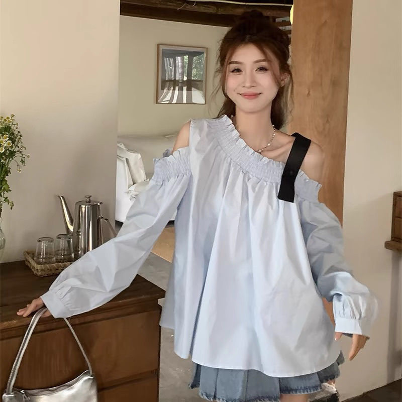 FA35894# 大码微胖妹妹mm夏季宽松设计感露肩性感撞色气质长袖衬衫上衣女潮 服裝批發女裝批發服飾貨源