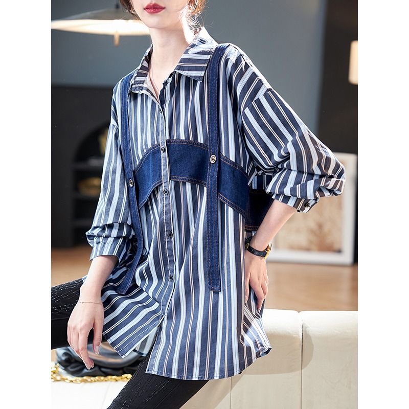FA35893# 秋季新款时尚韩版显瘦百搭气质牛仔条纹撞色拼接长袖衬衫 服裝批發女裝批發服飾貨源