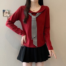 批发大码设计感海军领<b class='q'>条纹</b><b class='q'>长袖</b><b class='q'>T</b><b class='q'>恤</b>女春秋季新款胖mm修身显瘦遮肉上衣