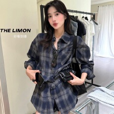 批发<b class='q'>韩版</b>百搭配腰带磨毛格纹复古设计感格纹<b class='q'>衬衫女</b>秋季新款爆款