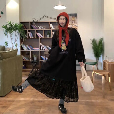 批发胖M2-300斤加绒蕾丝拼接长袖卫衣裙女宽松减龄小个子长款<b class='q'>连衣裙</b>