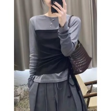 批发设计感抽绳假两件长袖t恤<b class='q'>打底衫</b>女春秋冬季新款修身显瘦<b class='q'>大码</b>上衣