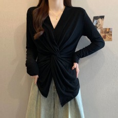 批发<b class='q'>大码</b>女装遮肚子扭结设计感V领长袖T恤春秋冬胖妹妹内搭显瘦<b class='q'>打底衫</b>