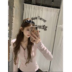 批发【格纹纽扣】韩系校园风长袖t恤女INS超火秋冬保暖上衣<b class='q'>服</b>