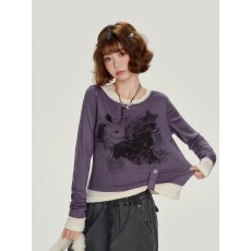 批发假两件<b class='q'>欧美</b>紫色卡通修身圆领长袖爆款