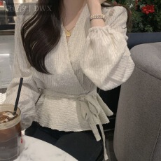 批发黑色叠穿系带长袖遮肉衬衫女春秋季高级感法式小众穿搭别致上衣