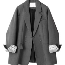 批发高级感蕾丝袖口拼接宽松百搭韩系复古<b class='q'>双排扣</b><b class='q'>西装</b>外套春清新