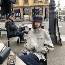 批发米兰往事条纹收腰抽绳外套女2025秋季新款宽松短款<b class='q'>风衣</b>拉链夹克