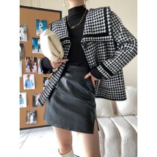 批发法式千鸟格海军领仿水貂绒针织衫外套2025年新款秋<b class='q'>冬</b>毛呢子外套女