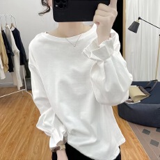 批发时尚设计感花苞袖含棉长袖<b class='q'>T</b><b class='q'>恤</b>女春夏新款<b class='q'>宽松</b>圆领减龄打底衫上衣