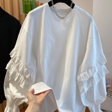 批发胖妹妹300斤蕾丝木耳边拼接<b class='q'>t</b><b class='q'>恤</b>女长袖女春秋<b class='q'>宽松</b>休闲漂亮圆领上衣