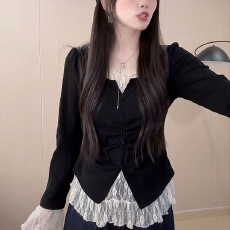 批发2025新款秋<b class='q'>冬</b>季胖mm修身显瘦遮肉蕾丝拼接假两件正肩长袖打底上衣