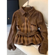 批发复古假两件拼接收腰格子<b class='q'>衬衫</b>女秋冬季百搭高级感气质<b class='q'>显瘦</b>长袖上衣