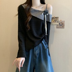 批发洋气安哥拉红拼色条纹印花打底衫T恤女装2025秋季新款装减龄上衣