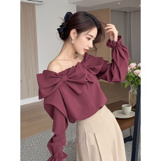 批发超好看纯色蝴蝶结衬衫<b class='q'>设计</b>感甜辣chic露肩上衣职场通勤秋季穿搭女
