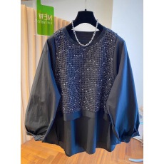 批发胖MM特大码300斤高级感黑色假两件衬衫女秋季独特别致超好看上衣