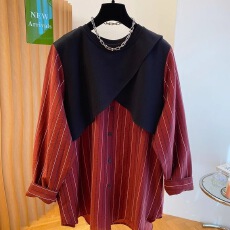 批发胖MM特大码300斤高级感红色条纹拼接衬衫秋季宽松假两件气质上衣