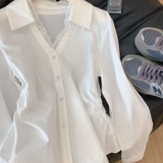 批发大码胖mm气质蕾丝拼接白色<b class='q'>衬衫</b>女法式风别致V领<b class='q'>长袖</b>收腰<b class='q'>衬衣</b>上衣