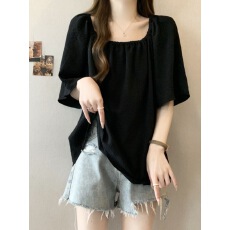 批发200斤<b class='q'>大码</b>女装夏季新款胖mm宽松遮肚子方领短袖衬衫后背镂空上衣