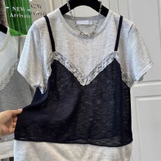 批发胖mm特<b class='q'>大码</b>200斤撞色假两件蕾丝拼接短袖T恤女上衣宽松微透夏薄款