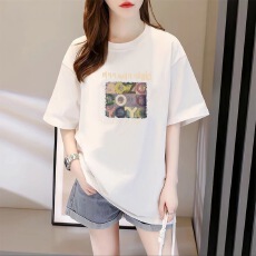 批发<b class='q'>外贸</b>剪标<b class='q'>尾</b><b class='q'>单</b>专柜撤回~纯棉中长款圆领短袖t恤女减龄遮肚洋气上衣