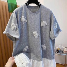 蕾丝拼接钉珠立体花圆领短袖t恤女韩版夏季新款假两件设计感上衣