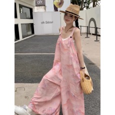 批发<b class='q'>宽松</b>慵懒国风印花背带阔腿裤女夏高腰显瘦时尚百搭休闲吊带连体裤