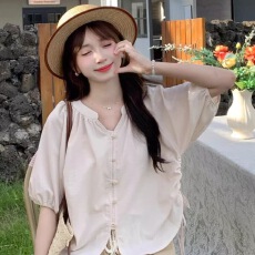 批发法式甜美抽绳褶皱灯笼袖衬衫女2026夏季新款<b class='q'>大码</b>宽松百搭短袖上衣