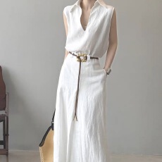 批发时尚无袖白色套装女2026夏季新款韩版v领衬衫长款a字半身裙两件套