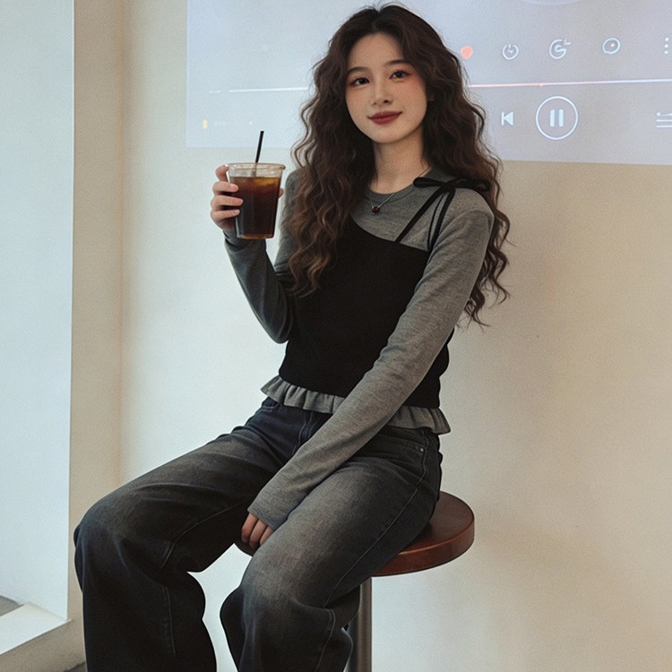 이른 봄 레트로 몸매 가꾸기 슬림해 보이는 긴팔 아름다운 바지를 입는 셔츠 여성 디자인 센스 작은 대중 고유 한 그레이트 봐. 의류