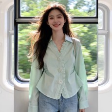 批发小众设计感薄荷绿木耳边V领衬衫女修身显瘦法式少女感温柔风穿搭