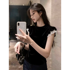 批发坎肩设计感蕾丝拼接黑色上衣2026春季女装新款高级感贵气小众<b class='q'>小衫</b>