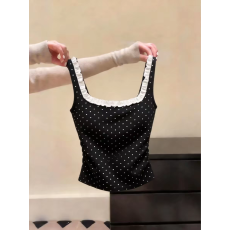 批发外贸专柜出口女装韩系复古波点方领背心木耳边修身显瘦内搭小衫