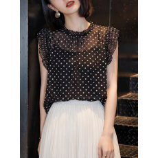 批发黑色<b class='q'>波点</b>短袖<b class='q'>衬衫</b>女士2026夏季新款高级感减龄显瘦荷叶边雪纺上衣