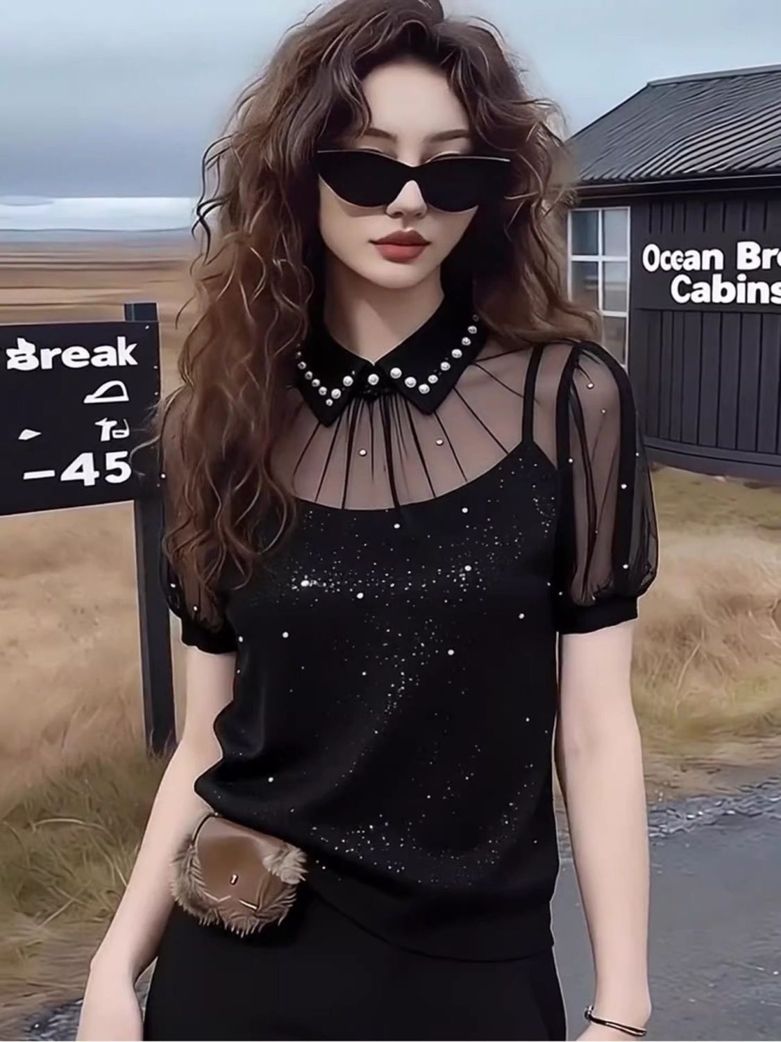 유럽 상품 고급 맞춤 검정색 스팽글 빅 사이즈 맨위 여성 2026 여름 새로운 캐주얼 바람 실 인터넷 패치워크 티셔츠