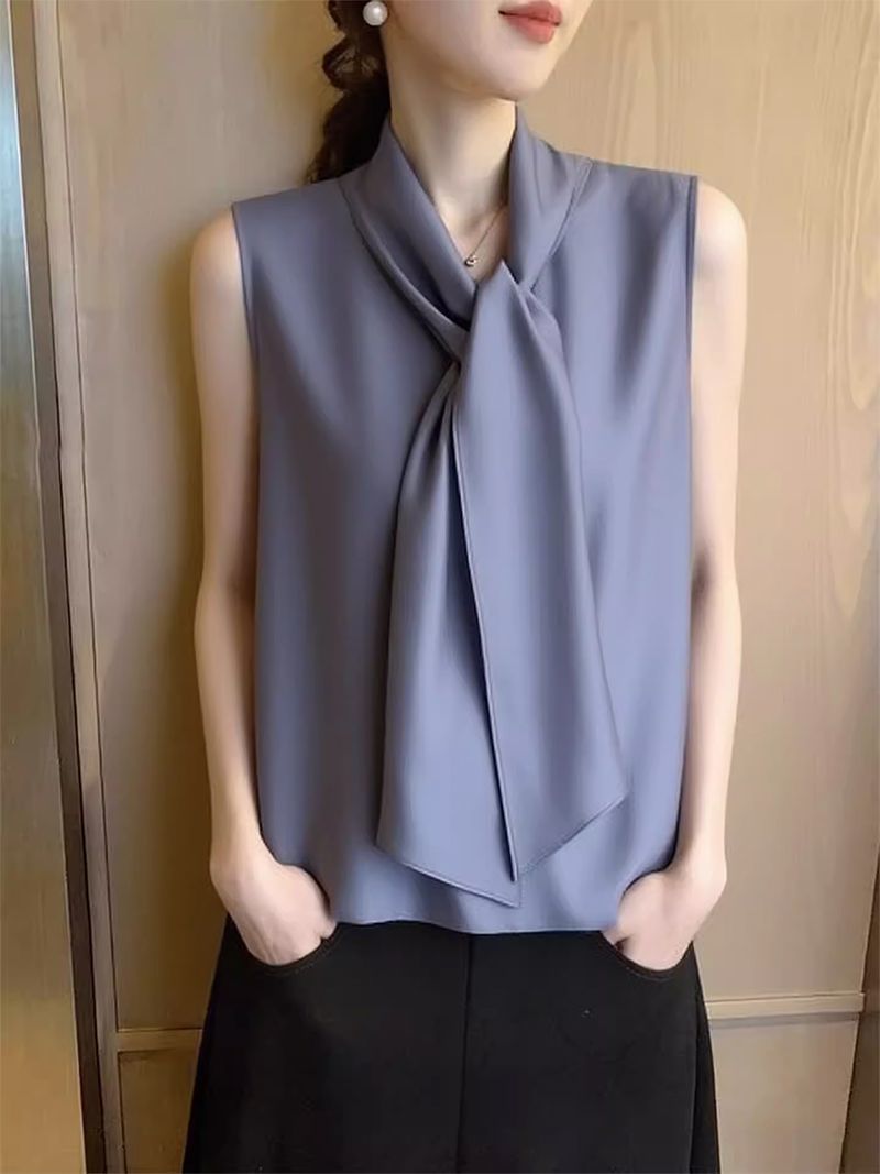 빛 요리 한 우아함 바람 안개 안개 블루 민소매 리본 맨위 여성 2026 여름 새로운 레이스업 품격 다용도 연령 감소 맨위