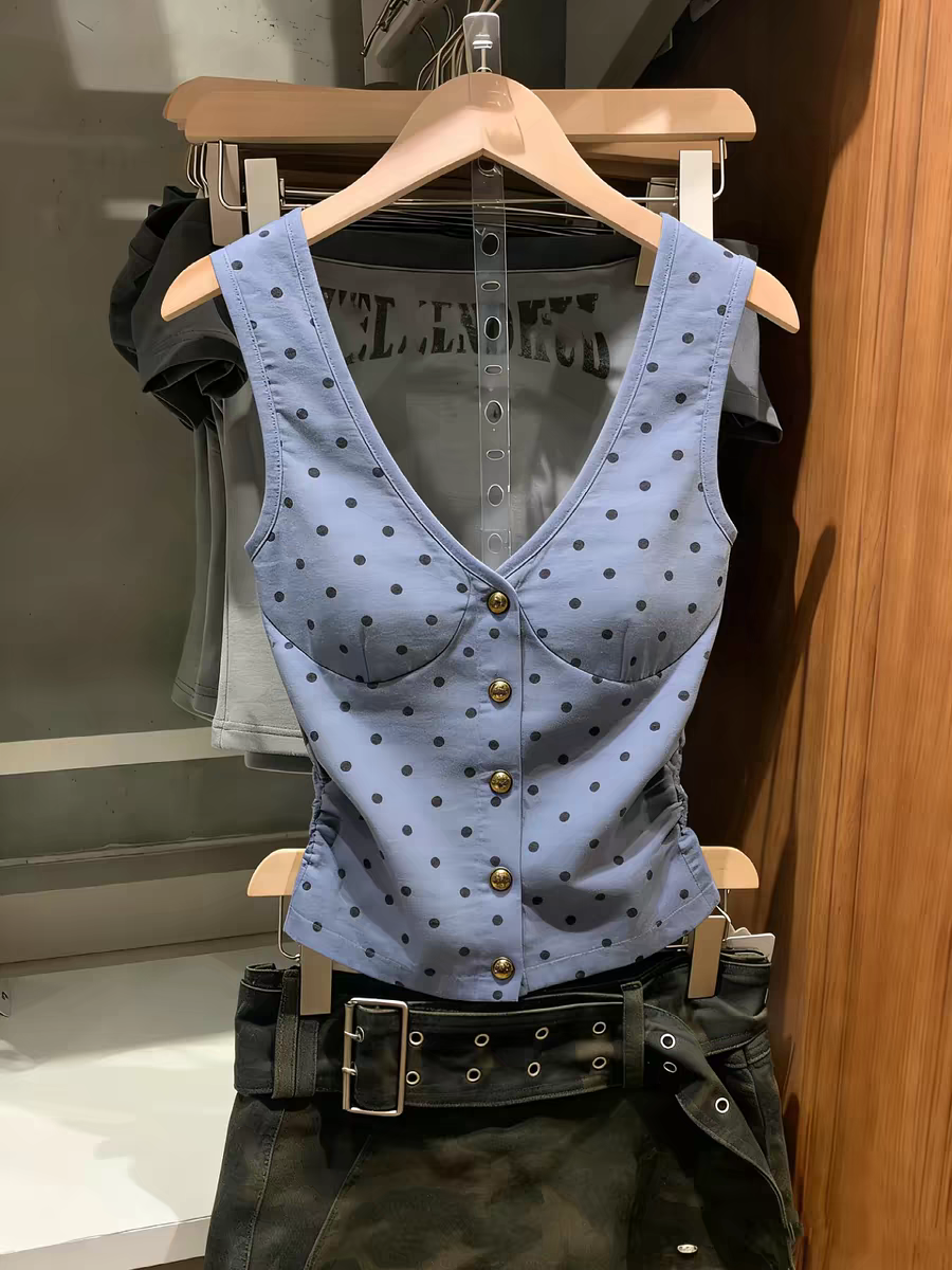 도트 무늬 V넥 단추 조끼 여성 트렌디 부드러운 바람 몸매 가꾸기 슬림해 보이는 민소매 맨위