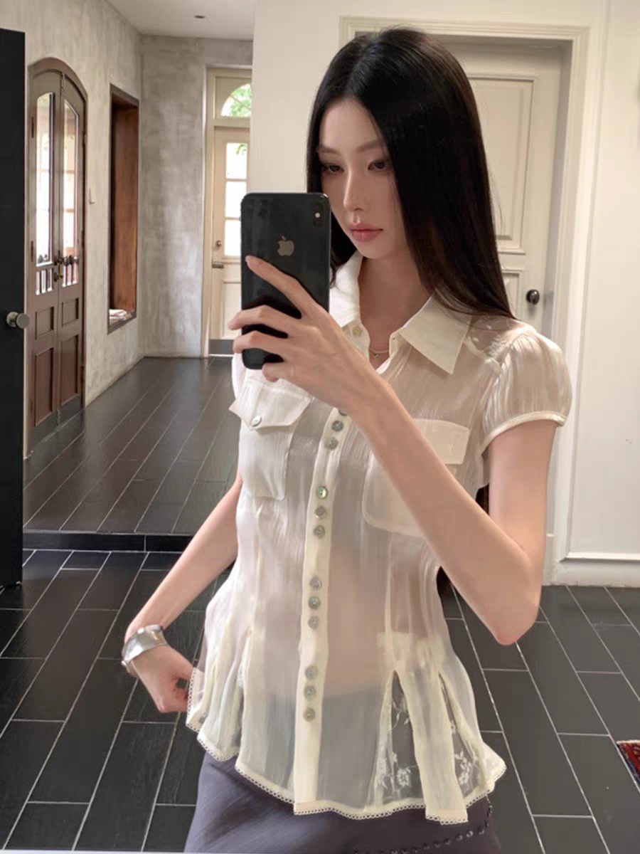달빛 Pleat 계곡 광택 원단 레이스 낭만주의 있음 수준 반팔 셔츠 여성 셔츠