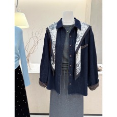 批发<b class='q'>韩版</b>翻领深蓝色牛仔<b class='q'>衬衫女</b>秋季新款宽松显瘦长袖衬衣外套