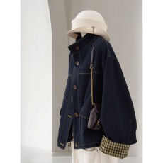 批发深蓝色格子拼接立领<b class='q'>牛仔</b>外套女盐系气质单排扣2025秋季休闲<b class='q'>上衣</b>潮