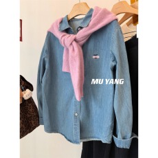 批发粉色考拉头刺绣浅蓝色拉毛休闲<b class='q'>牛仔</b><b class='q'>衬衫</b>女