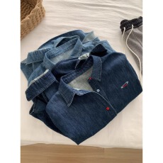 批发洋气复古彩扣翻领牛仔衬衫女秋冬加厚磨毛小个子<b class='q'>刺绣</b>衬衣开衫外套