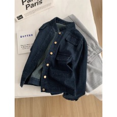 批发洋气复古小香风牛仔外套女水洗钴蓝色金扣立领小个子短款开<b class='q'>衫</b>春季